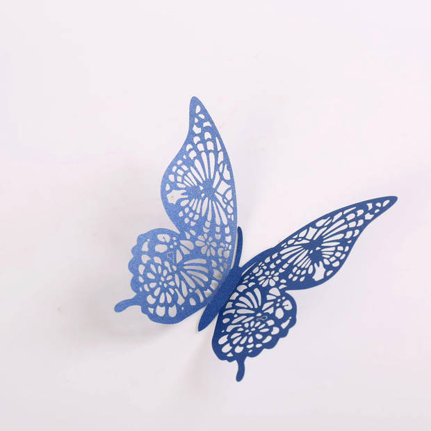Cake topper decoratie vlinders of muur decoratie met plakkers 12 stuks blauw - 3D vlinders - VL-02