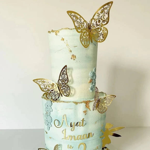 Cake topper decoratie vlinders en muur decoratie met plakkers 12 stuks paars - 3D vlinders - VL-04