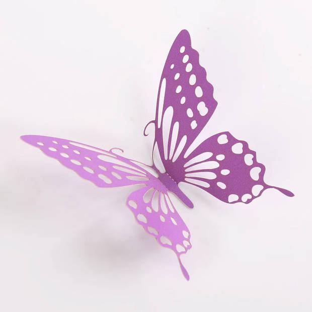 Cake topper decoratie vlinders en muur decoratie met plakkers 12 stuks paars - 3D vlinders - VL-04