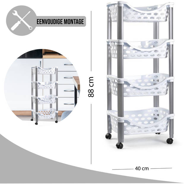 PlasticForte Trolley op wieltjes - 4-laags - wit - kunststof - 40x88cm - Opberg trolley