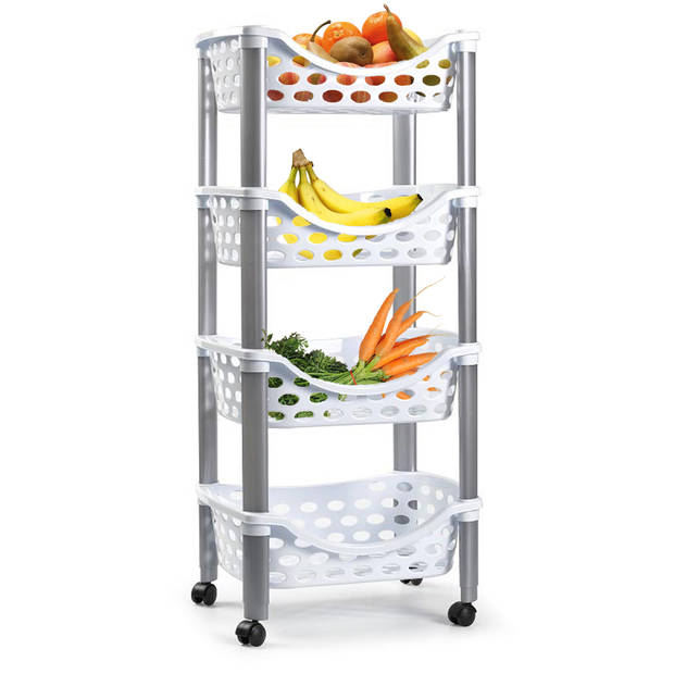 PlasticForte Trolley op wieltjes - 4-laags - wit - kunststof - 40x88cm - Opberg trolley