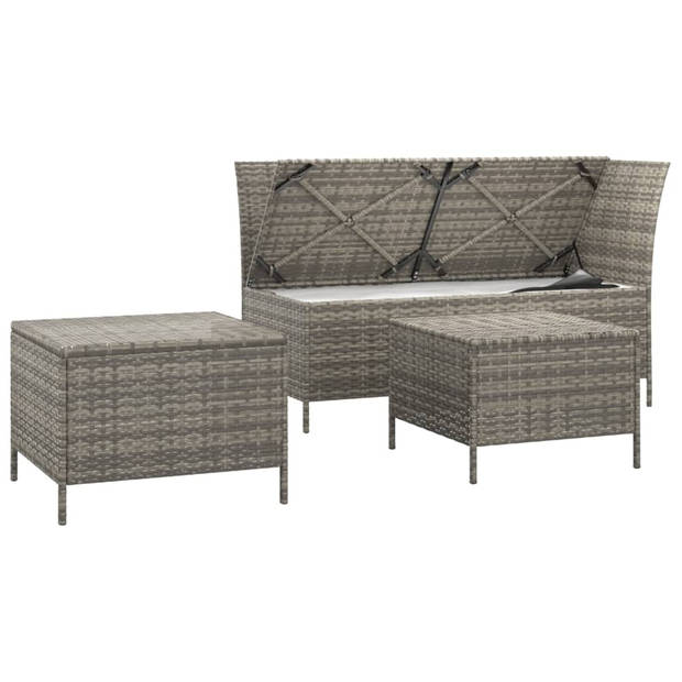 vidaXL 3-delige Loungeset met kussens poly rattan grijs