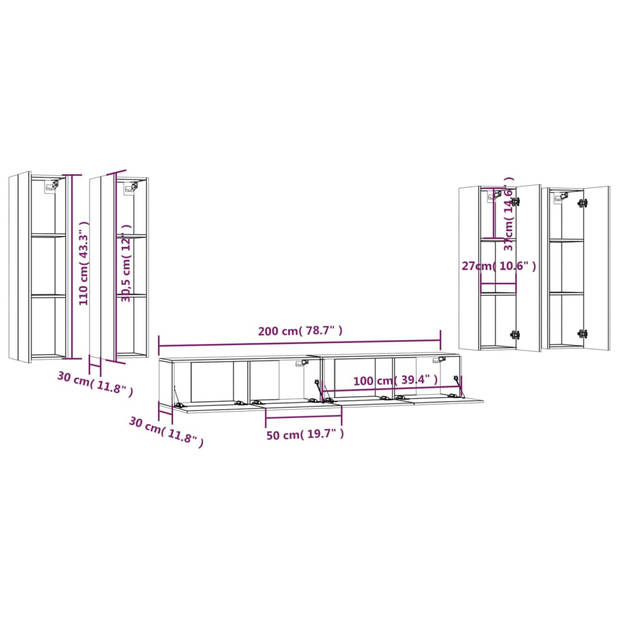 The Living Store Televisiemeubel Set Sonoma Eiken - 2 x 100x30x30cm - 4 x 30.5x30x110cm