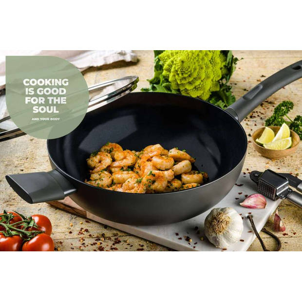 ISENVI Avon keramische wok met deksel 32 CM - Ergo greep - Antraciet - Keramisch - 100% PFAS, PTFE en PFOA vrij