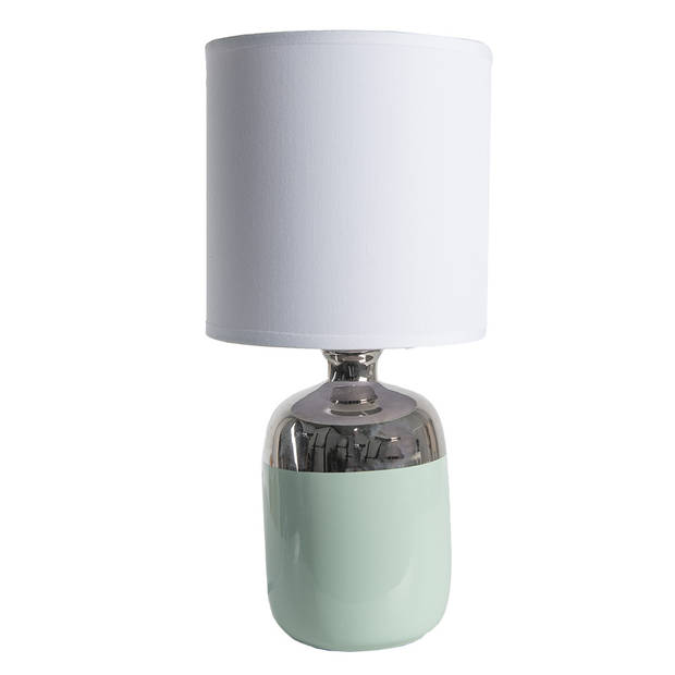 Clayre & Eef Tafellamp Ø 15x33 cm Wit Zilverkleurig Keramiek Rond Bureaulamp Wit Bureaulamp