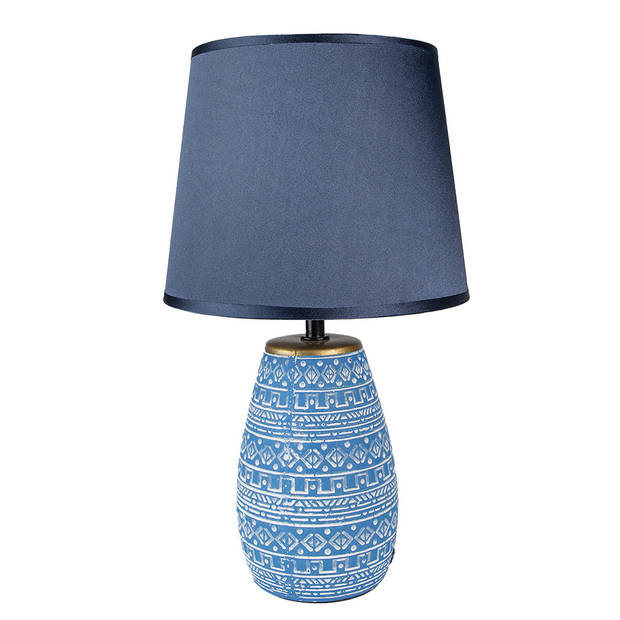 Clayre & Eef Tafellamp Ø 20x35 cm Blauw Wit Keramiek Rond Bureaulamp Blauw Bureaulamp