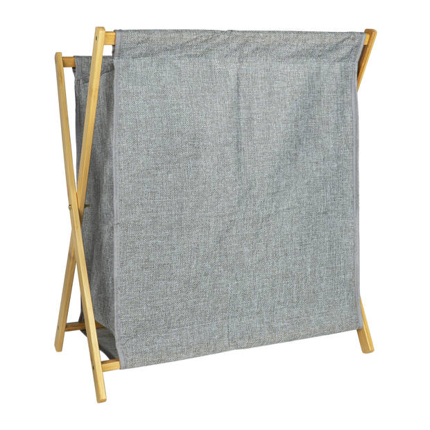 QUVIO Wasmand met houten frame - 52 x 30 x 57 cm - Grijs