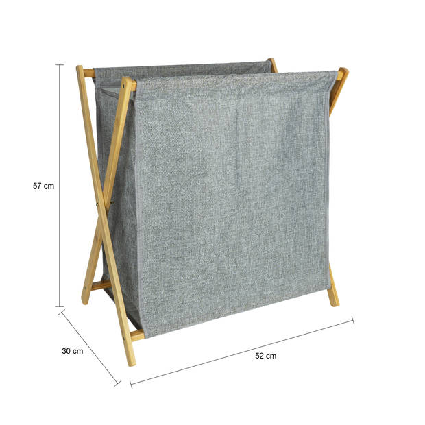 QUVIO Wasmand met houten frame - 52 x 30 x 57 cm - Grijs