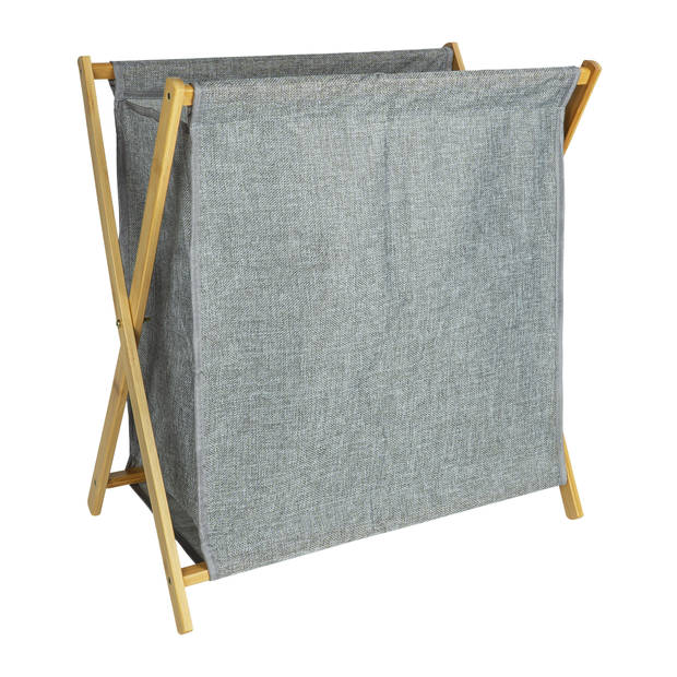 QUVIO Wasmand met houten frame - 52 x 30 x 57 cm - Grijs