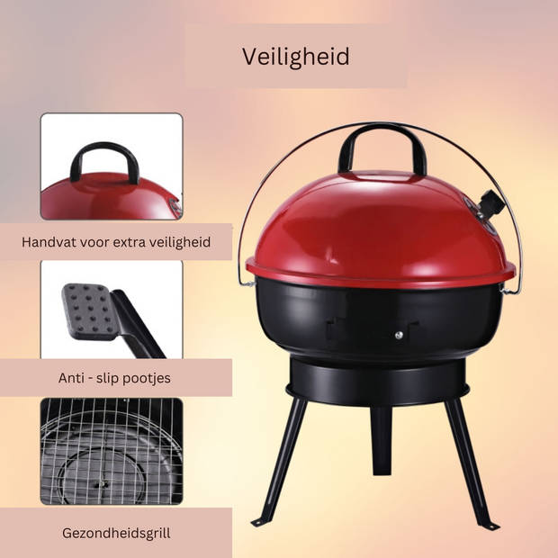 Grill apparaat - camping - Houtskool - bbq - Draagbaar - Metaal - Rood + zwart - Ø36,5 x 54 cm