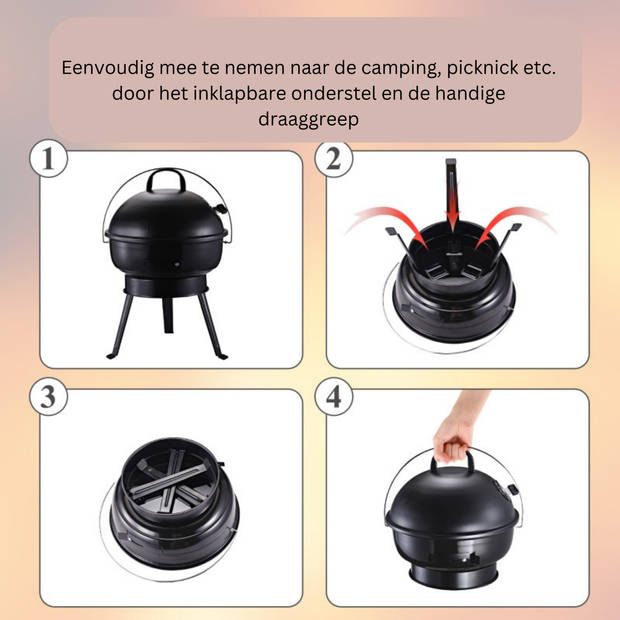 Grill apparaat - camping - Houtskool - bbq - Draagbaar - Metaal - Zwart - Ø36,5 x 54 cm