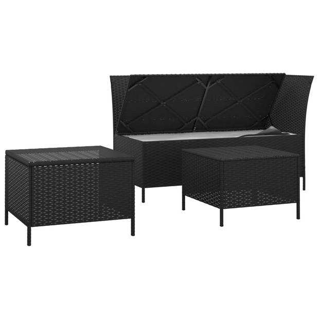 vidaXL 3-delige Loungeset met kussens poly rattan zwart