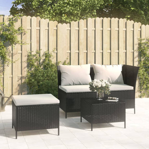 vidaXL 3-delige Loungeset met kussens poly rattan zwart