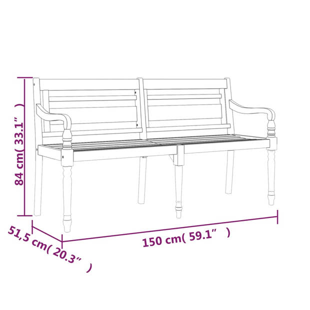 vidaXL Bankje Batavia met grijs kussen 150 cm massief teakhout