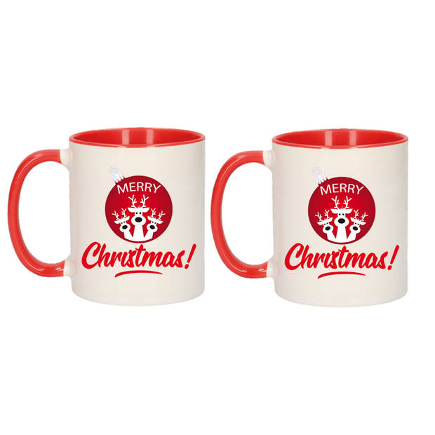 2x stuks kerstcadeau kinder mokken/bekers rood Merry Christmas rode kerstbal met rendieren 300 ml - Bekers