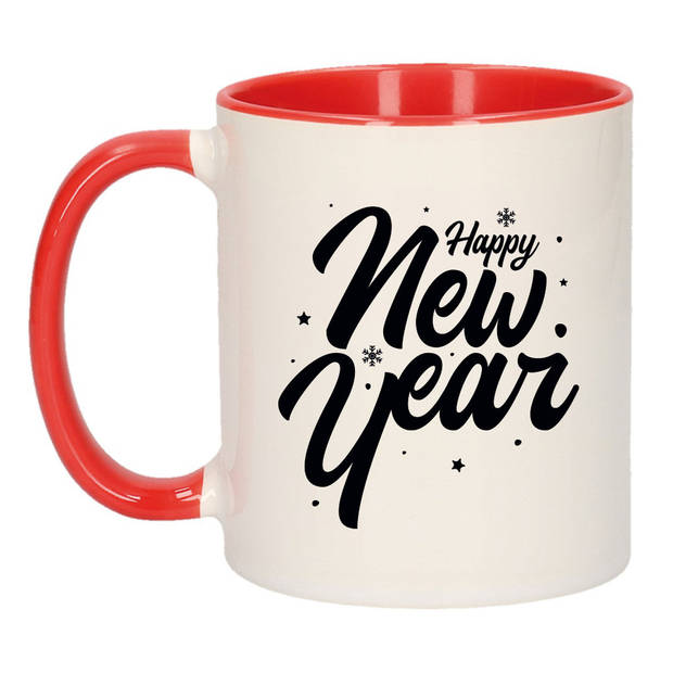 Cadeau mok rood happy new year met sterren en sneeuwvlokken 300 ml - Bekers