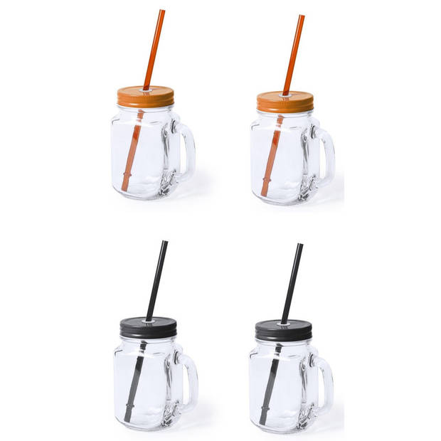 4x stuks drink potjes van glas Mason Jar zwart/oranje 500 ml - Drinkbekers