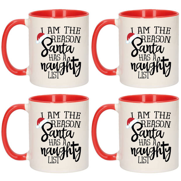 Set van 4x stuks I am the reason Santa has a naughty list cadeau mokken/bekers rood Kerstmis 300 ml - Bekers