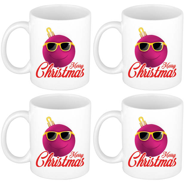 Set van 4x stuks kerstcadeau mokken / bekers Merry Christmas roze smiley kerstbal 300 ml - Bekers