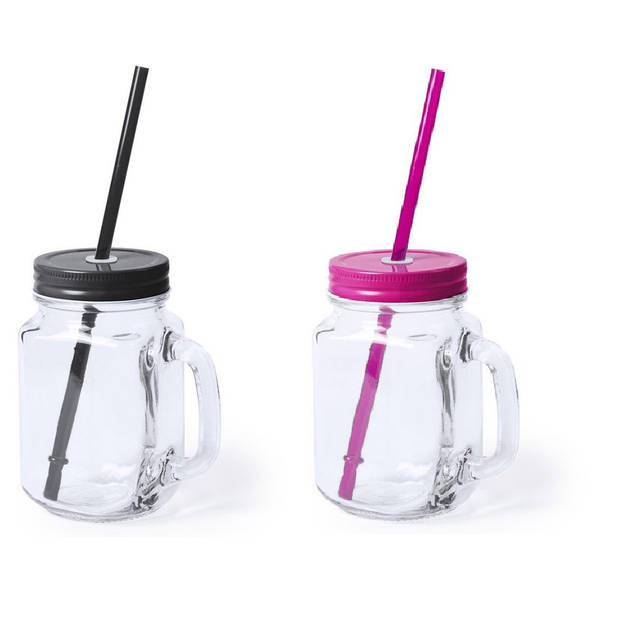 4x stuks drink potjes van glas Mason Jar zwart/roze 500 ml - Drinkbekers