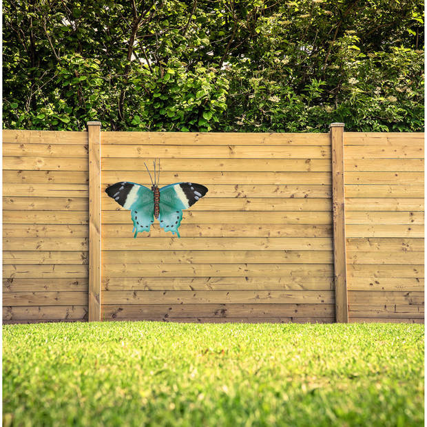 Tuindecoratie turquoise blauw/zwarte vlinder 44 cm - Tuinbeelden