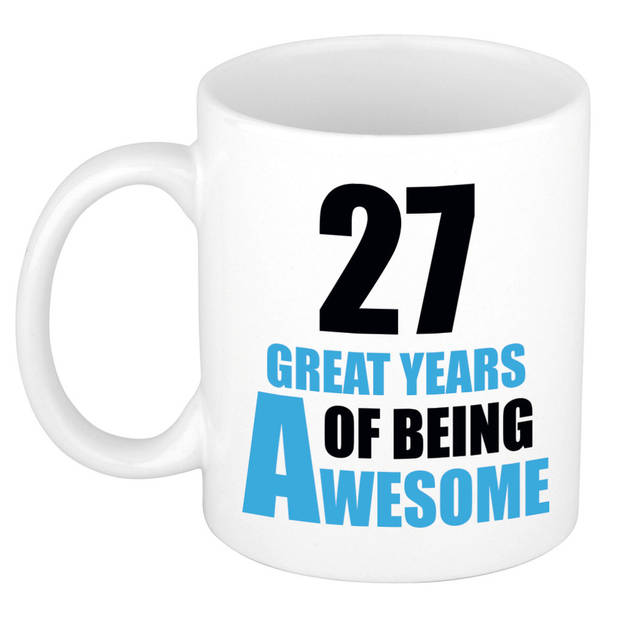 27 great years of being awesome cadeau mok / beker wit en blauw - verjaardagscadeau 27 jaar - feest mokken