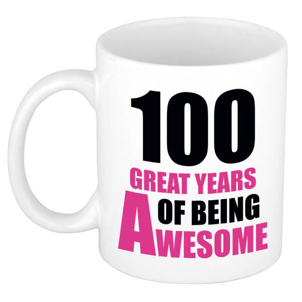 100 great years of being awesome cadeau mok / beker wit en roze - verjaardagscadeau 100 jaar - feest mokken