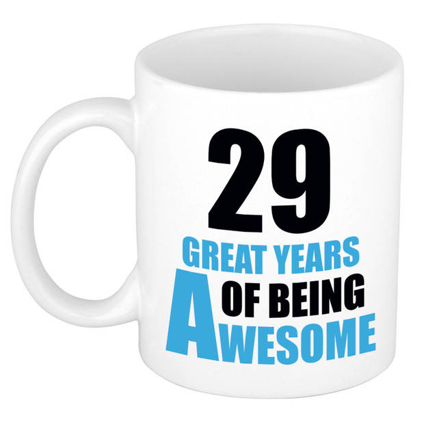 29 great years of being awesome cadeau mok / beker wit en blauw - verjaardagscadeau 29 jaar - feest mokken