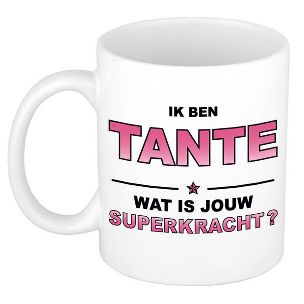 Ik ben tante wat is jouw superkracht cadeau mok / beker wit en roze - cadeau / verjaardag - feest mokken