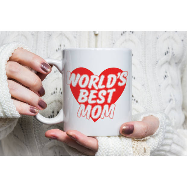 Worlds best mom cadeau mok / beker wit met rood hartje - Moederdag / verjaardag mama - feest mokken