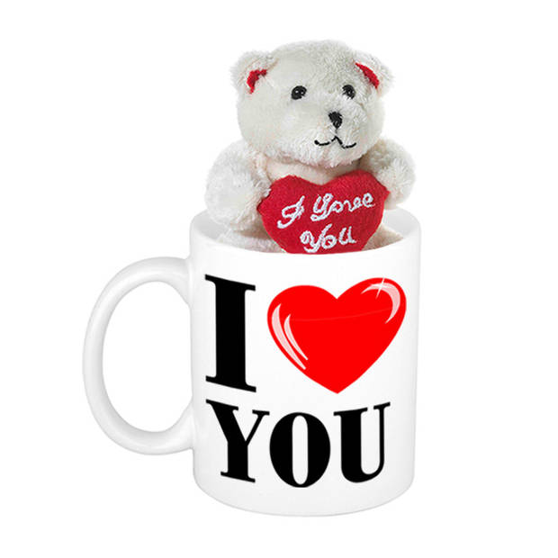 Cadeau beker I love you + beertje met hartje - Valentijn cadeautje - feest mokken