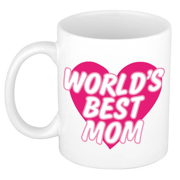 Worlds best mom cadeau mok / beker wit met roze hartje - Moederdag / verjaardag mama - feest mokken