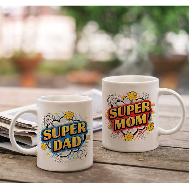 Super Dad en Mom cartoon mok - Vaderdag en moederdag cadeau - feest mokken