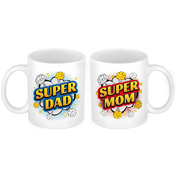 Super Dad en Mom cartoon mok - Vaderdag en moederdag cadeau - feest mokken