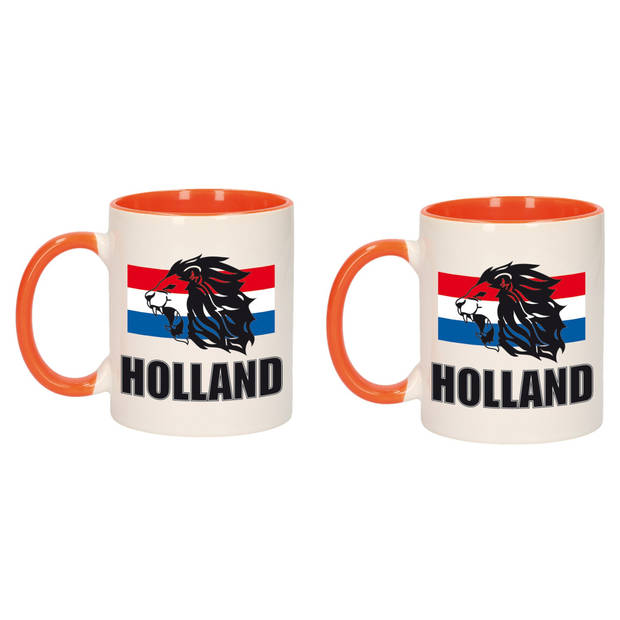 Mok/ beker wit en oranje Holland vlag en leeuw 300 ml - feest mokken