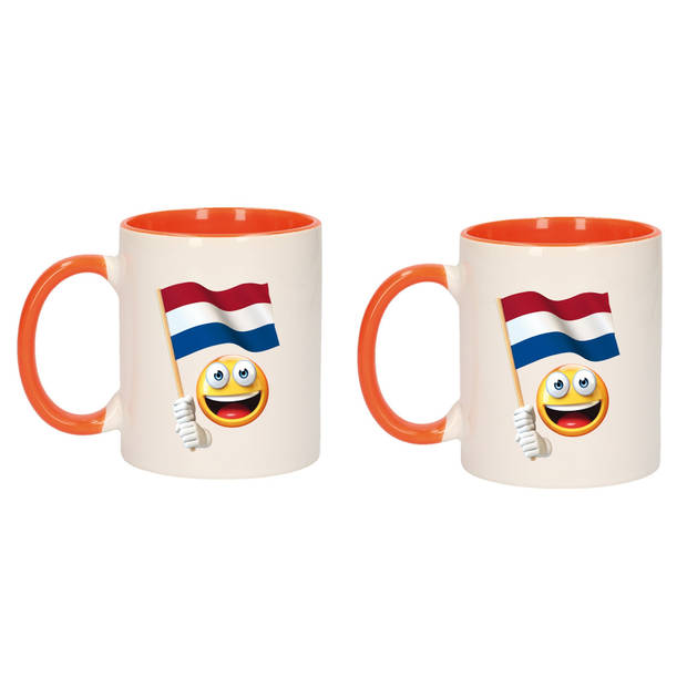 Mok/ beker wit en oranje smiley vlag Nederland 300 ml - feest mokken
