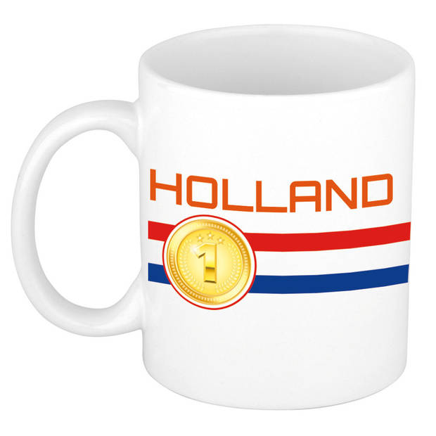 2x stuks mok/ beker wit Holland vlag met medaille 300 ml - feest mokken