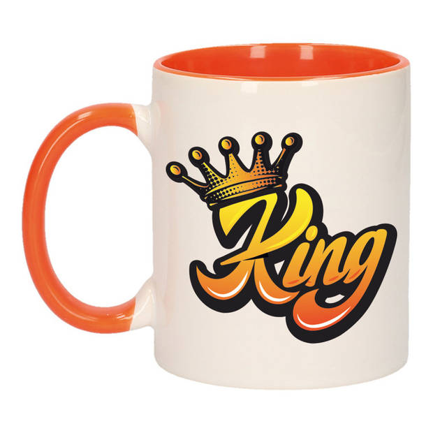 2x stuks mok/ beker wit en oranje Koningsdag King met kroon 300 ml - feest mokken