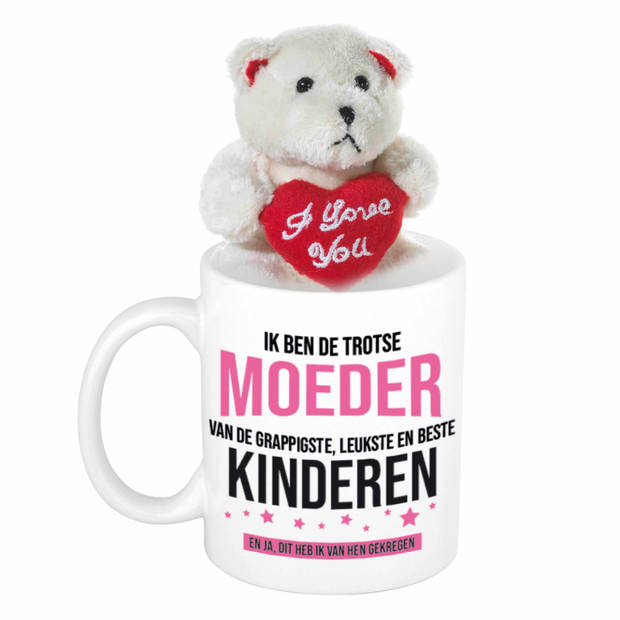 Cadeau beker Trotse moeder van de leukste kinderen + beertje hartje - Moederdag/ Moeder cadeautje - feest mokken