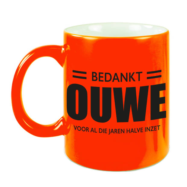 Bedankt ouwe voor de halve inzet neon oranje mok / beker 330 ml - Pensioen afscheidscadeau - feest mokken