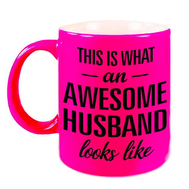 Awesome husband / echtgenoot fluor roze cadeau mok / verjaardag beker 330 ml - feest mokken