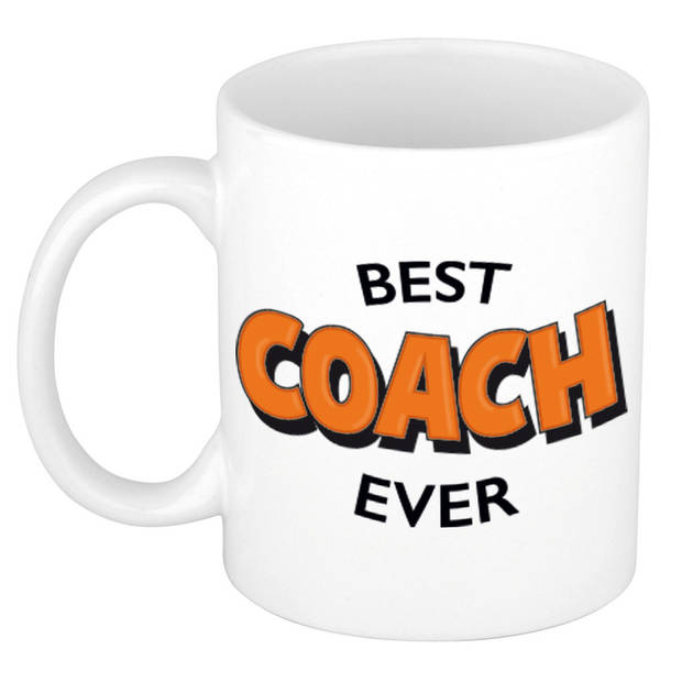 Best coach ever cadeau koffiemok / theebeker wit met oranje letters 300 ml - feest mokken