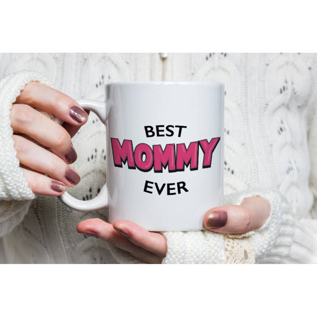 Best mommy ever cadeau koffiemok / theebeker wit met roze letters 300 ml - feest mokken