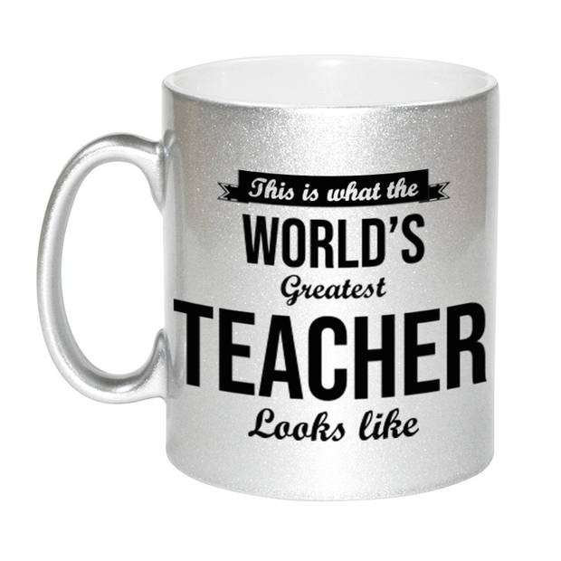 Worlds Greatest Teacher cadeau mok / beker voor juf / meester zilverglanzend 330 ml - feest mokken