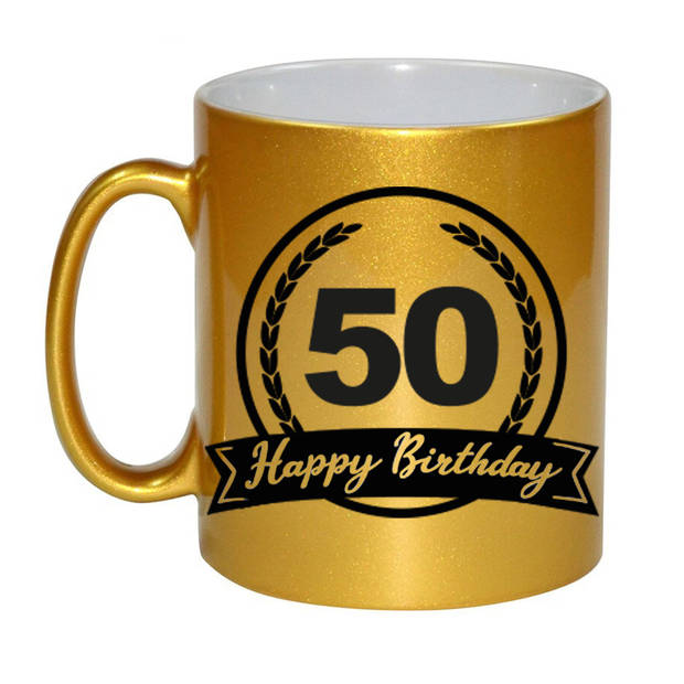 Happy Birthday 50 years met wimpel cadeau koffiemok / theebeker goud 330 ml - Abraham / Sarah - feest mokken