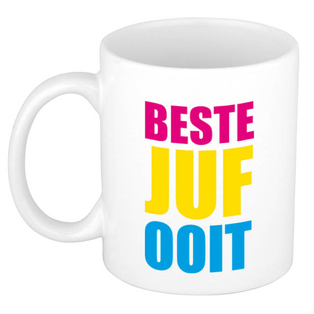 Beste juf ooit cadeau koffiemok / theebeker in roze/gele/blauwe blokletters 300 ml - feest mokken