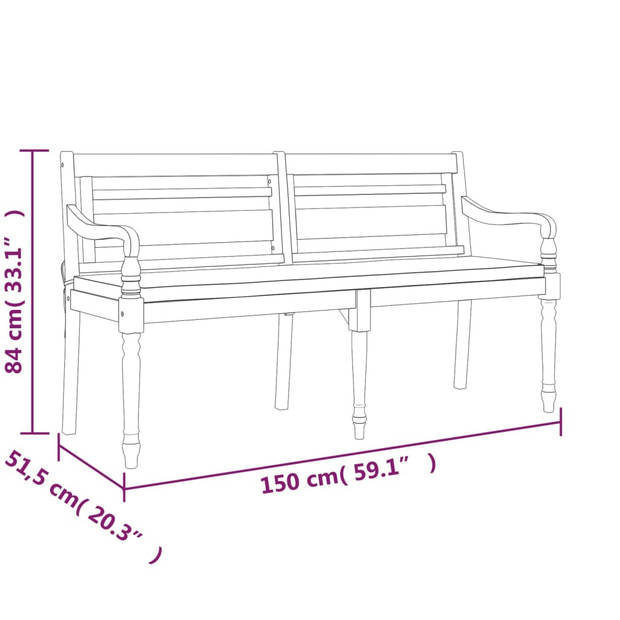 vidaXL Bankje Batavia met kussen 150 cm massief teakhout