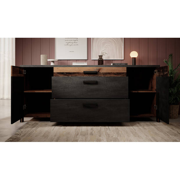 Meubella Dressoir Baron - Antraciet - Eiken - 197 cm