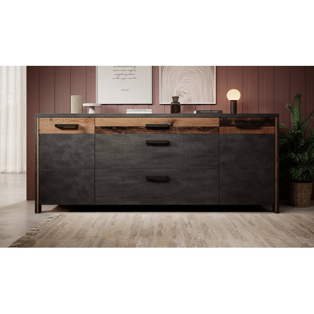 Meubella Dressoir Baron - Antraciet - Eiken - 197 cm