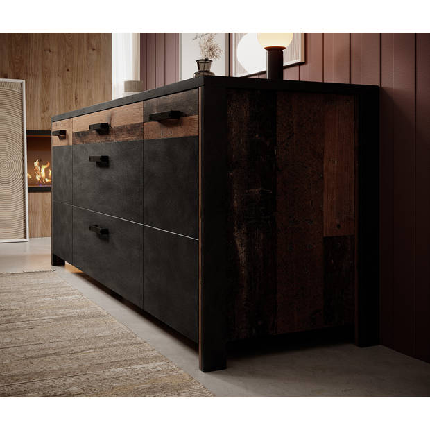 Meubella Dressoir Baron - Antraciet - Eiken - 197 cm